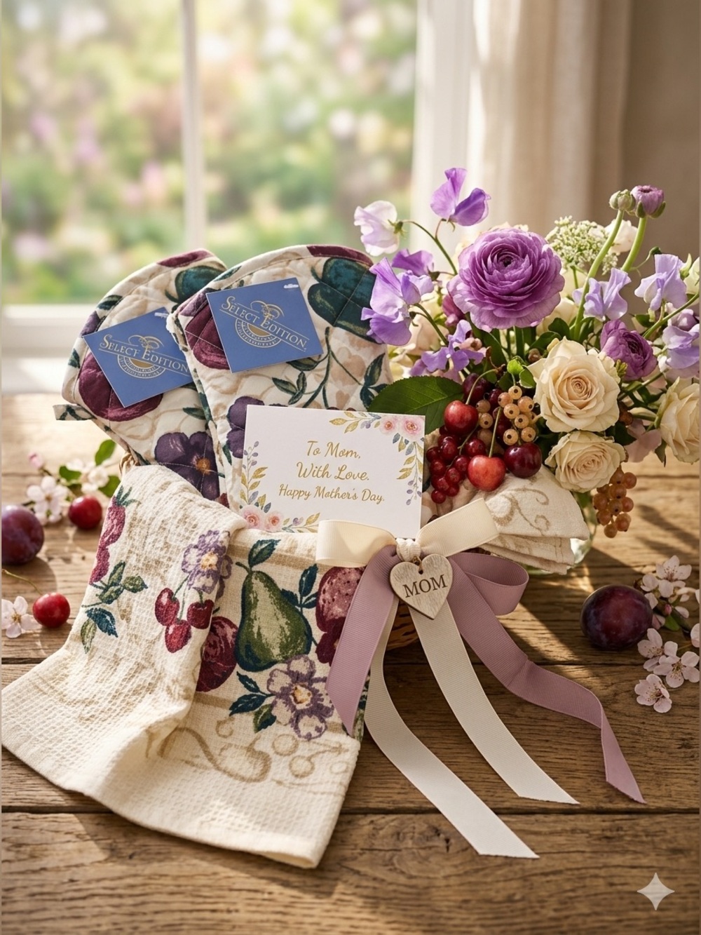 NWT Select Edition Vintage Botanical Oven Mitts & Kitchen Towel Set Purple Plum